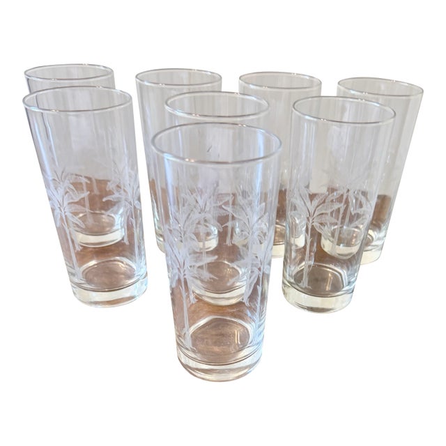 Late 20th Centurty Highball Tumblers With Etched Palm Tree Design - Set of 8 For Sale
