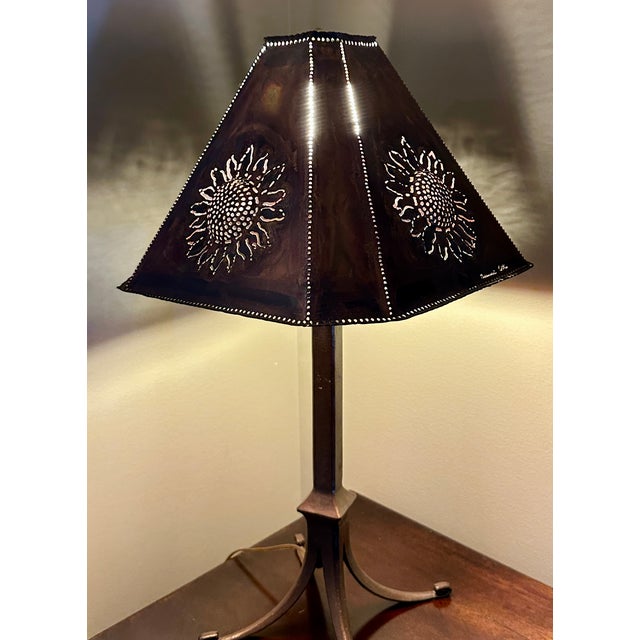 Bernard Collin Signed Handcrafted Pierced Copper Sunflower Table Lamp For Sale - Image 14 of 15