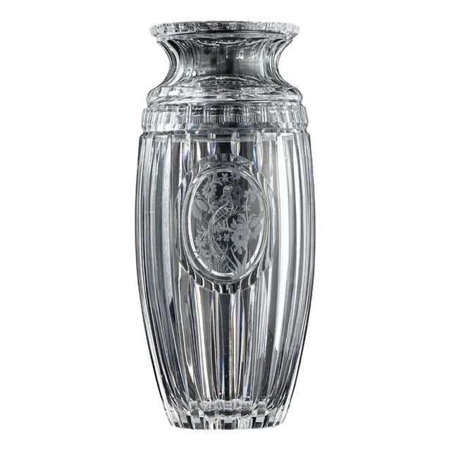 French Cut Crystal Vase with Engraved Bird Medallions, Late 19th Century For Sale
