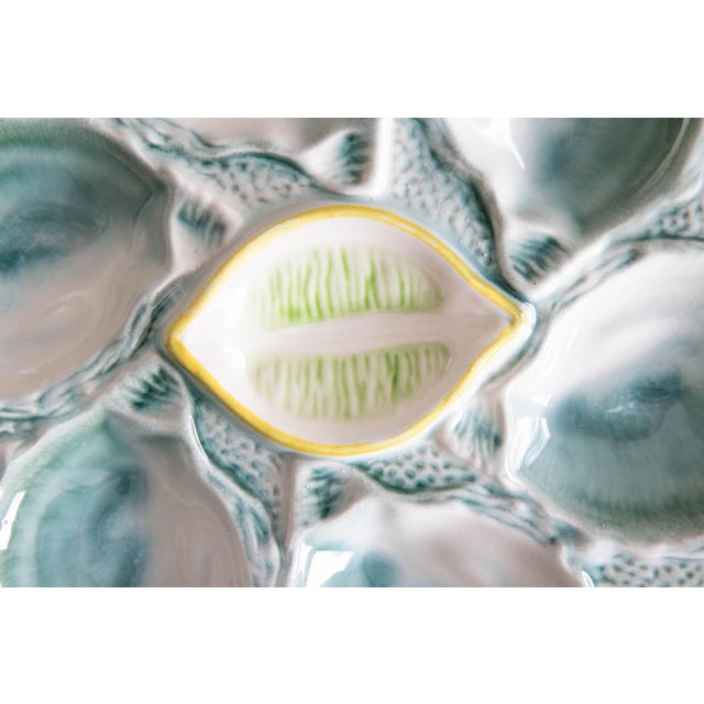 1920s Antique French Saint Clément Majolica Blue Green & Yellow Lemon Wedge Oyster Plate For Sale - Image 5 of 7