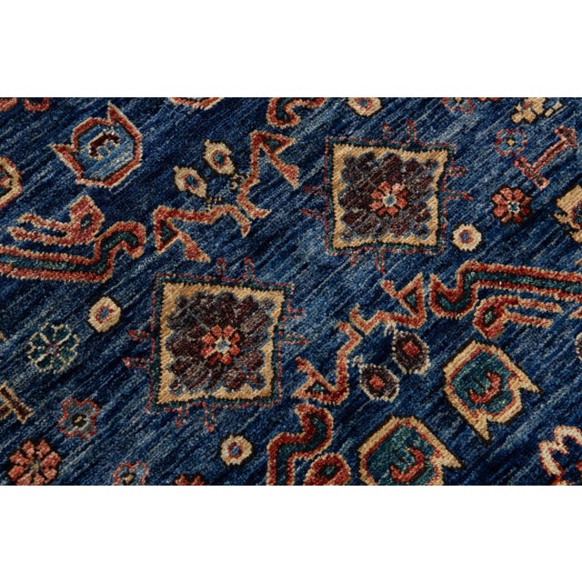2010s Modern Serapi Style Handmade Geometric Floral Blue and Rust Square Wool Rug For Sale - Image 5 of 11