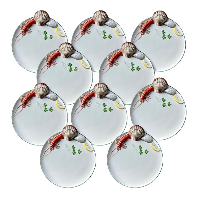Set of 10 Rare Vintage Italian Hand-Made Coastal Seafood Plate Set For Sale
