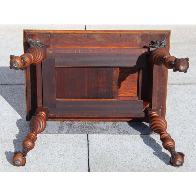 Antique Renaissance Revival Carved Oak Writing Table / Desk With Bronze Dragons & Clawed Feet For Sale - Image 16 of 18