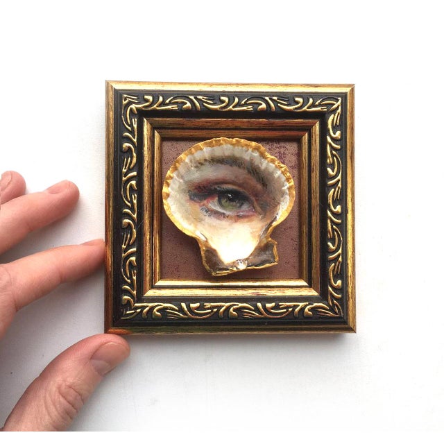 Plastic Original Painting on Shell Framed Lover's Eye Victorian Style Wall Decor by Artist Valeriya Serova For Sale - Image 7 of 8