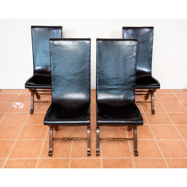 Mid-Century Neo-Classical Spanish Black Leather and Oak Dining Chairs by Pierre Lottier for Valmazan, 1960s, Set of 4 For Sale - Image 18 of 18
