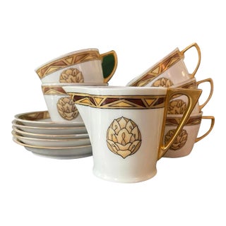 1950s Handpainted Art Deco Limoges Tea Cups - Set of Eleven (11) Pieces For Sale