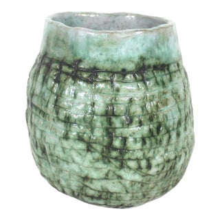 Vintage Textured Green Pottery Vase For Sale