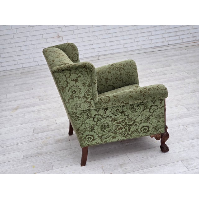 Danish Armchair in Green Velour and Carved Oak, 1950s For Sale - Image 6 of 18