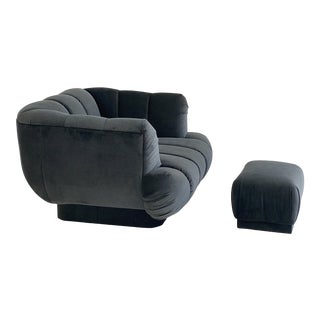 Vintage Oversized Dark Grey Velvet Channel Tufted Lounge Chair and Ottoman For Sale