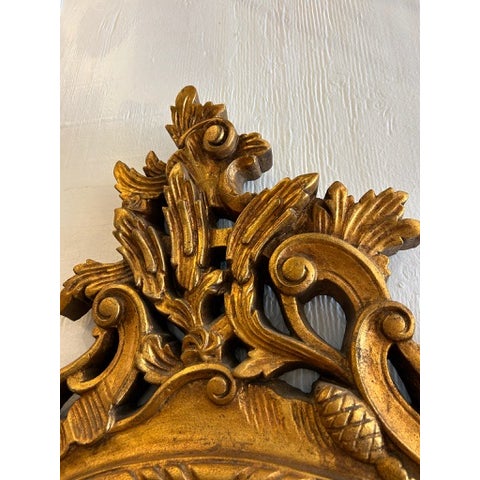 Vintage Gold Leaf Carved Wood Wall Mirror With Ornate Crown For Sale - Image 14 of 15