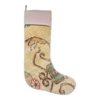 Vintage Kilim Christmas Stocking With Blush Cuff, Cream Scroll Wool, 12.6 X 18.5 in – One of a Kind Decor For Sale
