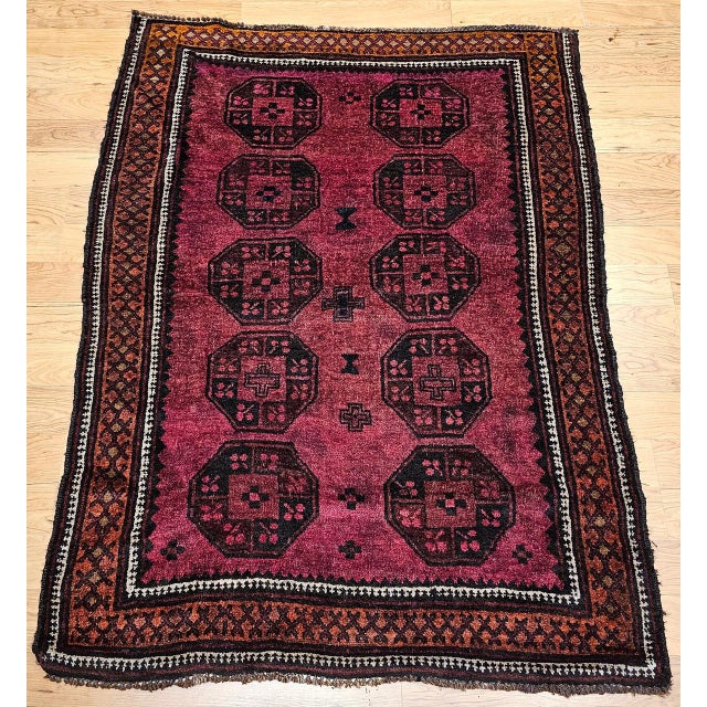 Vintage Afghan Bokhara Area Rug, Hand-Knotted Wool, Allover Geometric Pattern, Plum & Burgundy, 4x5 For Sale - Image 9 of 17