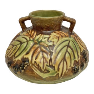 Roseville Arts and Crafts Pottery Blackberry Double Buttressed Triangular Handled Squat Vase For Sale