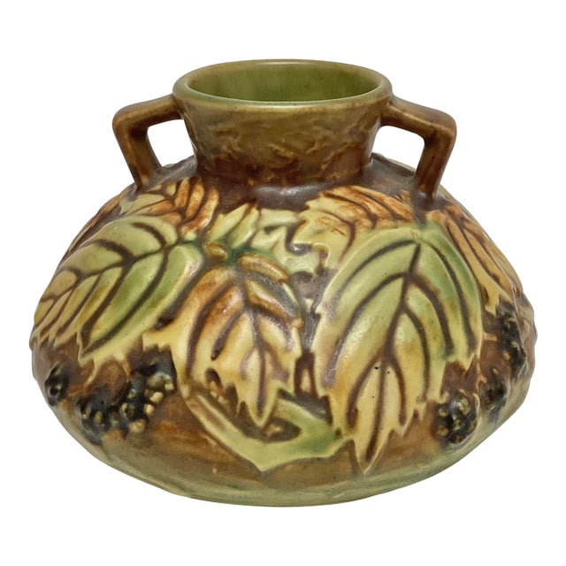 Roseville Arts and Crafts Pottery Blackberry Double Buttressed Triangular Handled Squat Vase For Sale