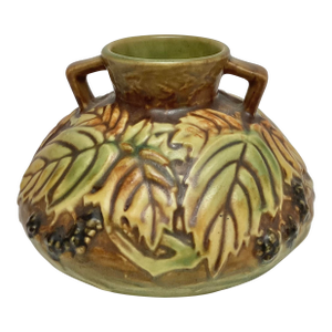 Roseville Arts and Crafts Pottery Blackberry Double Buttressed Triangular Handled Squat Vase