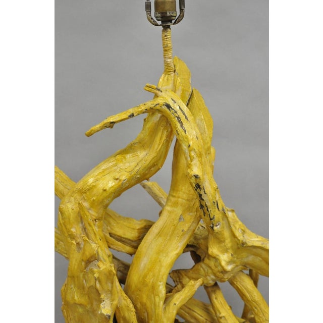 Vintage Mid Century Modern Large Driftwood Yellow Painted Tiki Room Table Lamp For Sale - Image 11 of 12