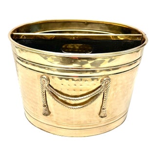 1980s Hammered Brass Magazine Holder With Tassel Swag Rope - Divided For Sale
