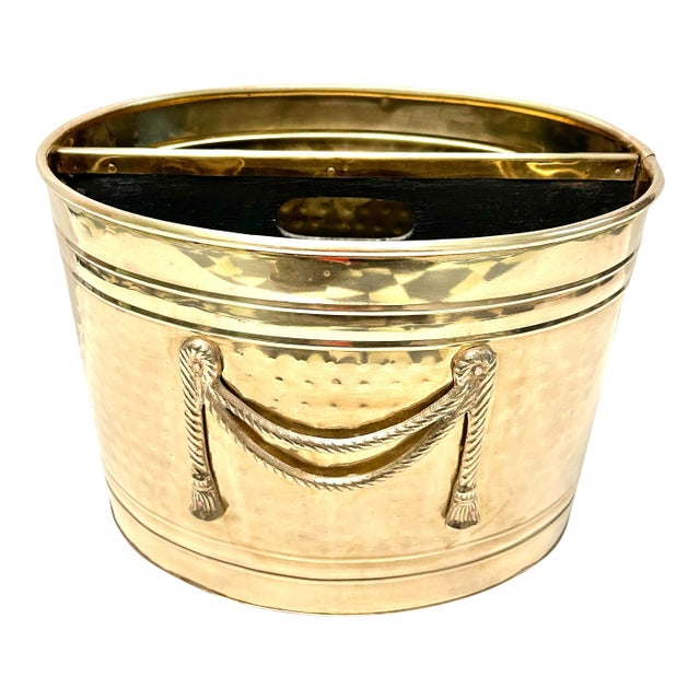 1980s Hammered Brass Magazine Holder With Tassel Swag Rope - Divided For Sale