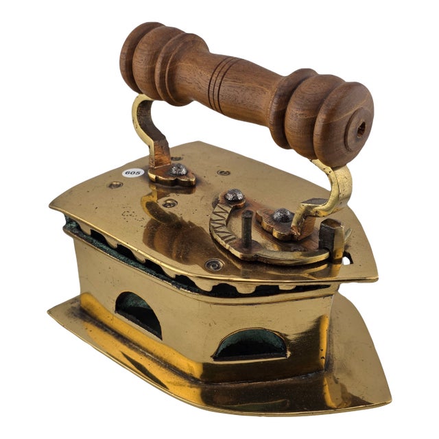 Antique C1850 Middle East Handmade Brass Charcoal Big Press Iron W Wooden Handle For Sale