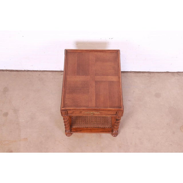 1970s Baker Furniture English Barley Twist Oak, Burl - and Cane Tea Table For Sale - Image 10 of 13