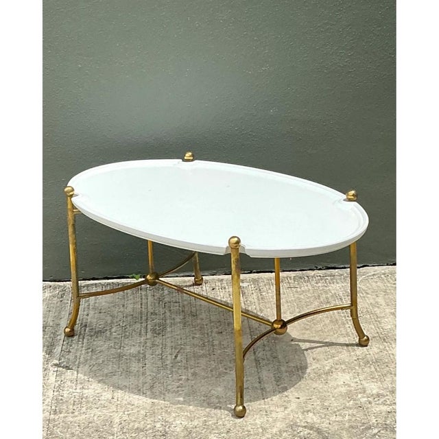 White Vintage Brass and Wood Oval Coffee Table For Sale - Image 8 of 12
