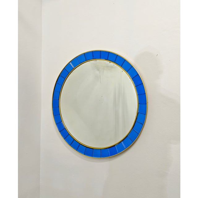 Vintage Italian Circular Wall Mirror in Blue Crystal and Brass from Cristal Art, 1950s For Sale - Image 6 of 13