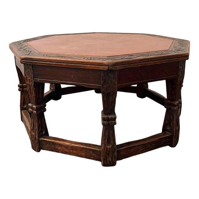 1950s Romweber Furniture Co. Octagonal Oak and Leather Coffee Table For Sale
