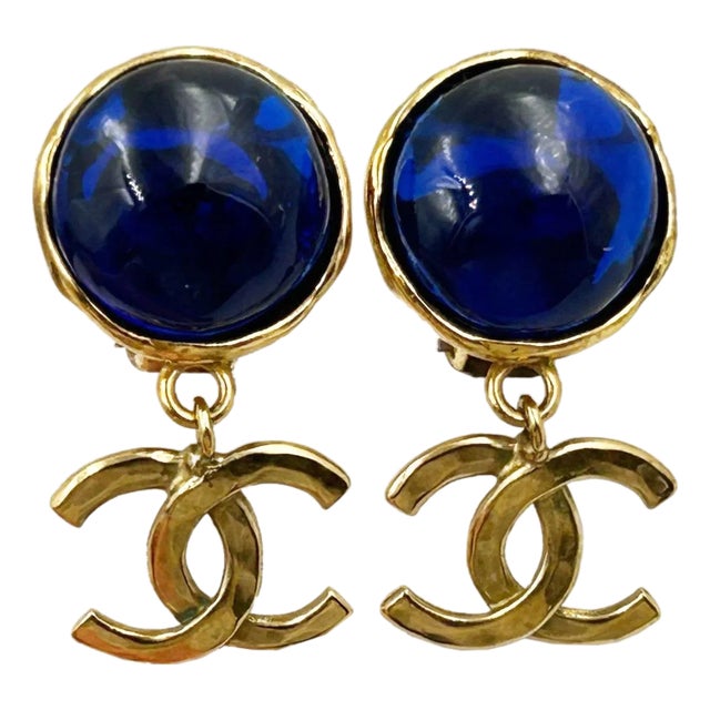 Chanel Vintage Gold Plated Blue Stone CC Dangle Clip on Earrings, A Pair For Sale