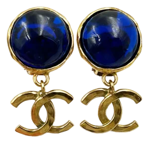 Chanel Vintage Gold Plated Blue Stone CC Dangle Clip on Earrings, A Pair