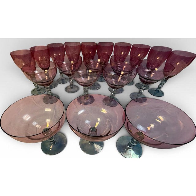 Vintage Mid-Century Cranberry Pink and Clear Art Glass Stemware Lot of 20 For Sale In Portland, ME - Image 6 of 15