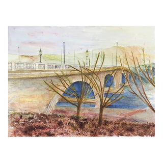 Late 20th Century River Bridge Landscape Watercolor Painting For Sale