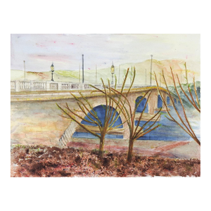 Late 20th Century River Bridge Landscape Watercolor Painting