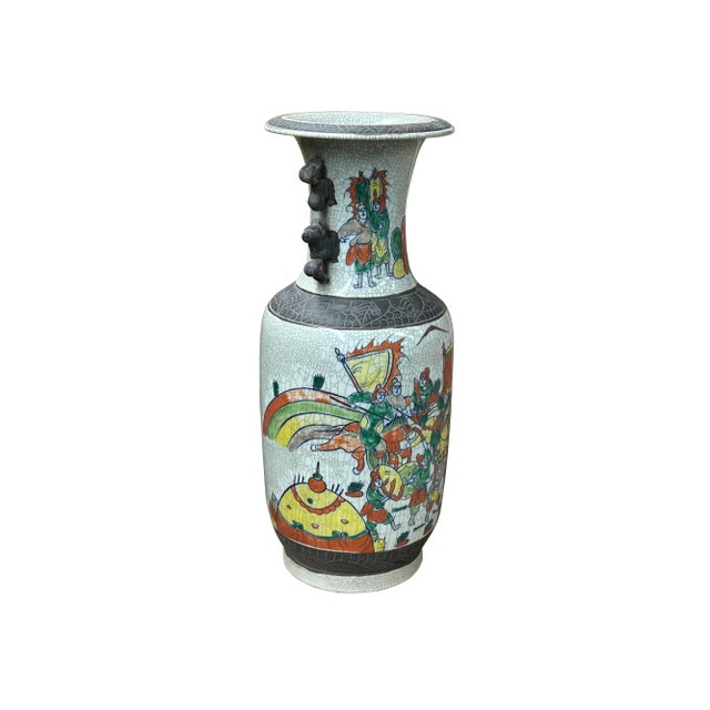 Gray Orient Crackle Gray Warrior Graphic Artistic Pottery Ceramic Vase For Sale - Image 8 of 14
