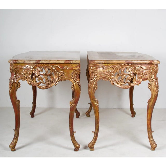 Brown Pair of Painted and Gilded Consoles, Faux Marble Top, Haute Hollywood For Sale - Image 8 of 12