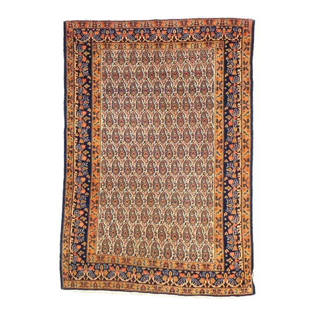 Antique Persian Senneh Wool 4x6 Navy, Gold & Orange Handmade Area Rug #1143202 For Sale