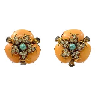 Early 21st Century Iradj Moini Earrings Coral Turquoise Strass Crystal Resin Cabochon Clip on - 2 Pieces For Sale
