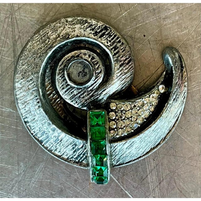 Vintage Silver Spiral Brooch With Green Detail For Sale - Image 10 of 12