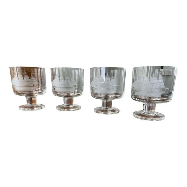 Mid 20th Century Etched Clipper Ship Footed Tumblers-4 Piece Set For Sale