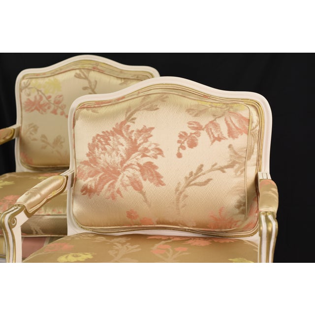 The House of Scalamandre Pair Scalamandre Mallorcan Salmon Magical Silk Lampas Reupholstered Vintage Accent Chairs For Sale - Image 4 of 15