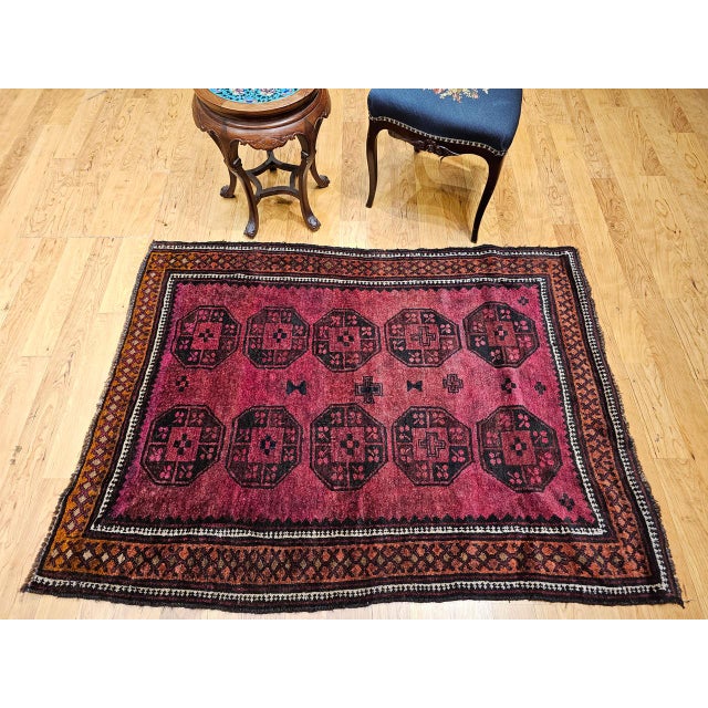 Mid 20th Century Vintage Afghan Bokhara Area Rug, Hand-Knotted Wool, Allover Geometric Pattern, Plum & Burgundy, 4x5 For Sale - Image 5 of 17