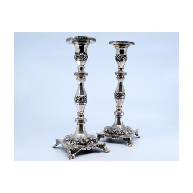 Silver Candlesticks with Turned Stems and Embossed Floral Motifs, Set of 2 For Sale - Image 10 of 12