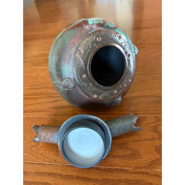 Exquisite Signed "Ryon" Large Studio Art Raku Lidded Vessel With Ceramic Branch-Like Handle With Decorative Jewel Adornment - Vintage For Sale - Image 12 of 12