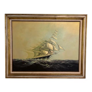 Heston Original Oil Painting on Canvas | Large Framed Sailing Ship Seascape Art For Sale