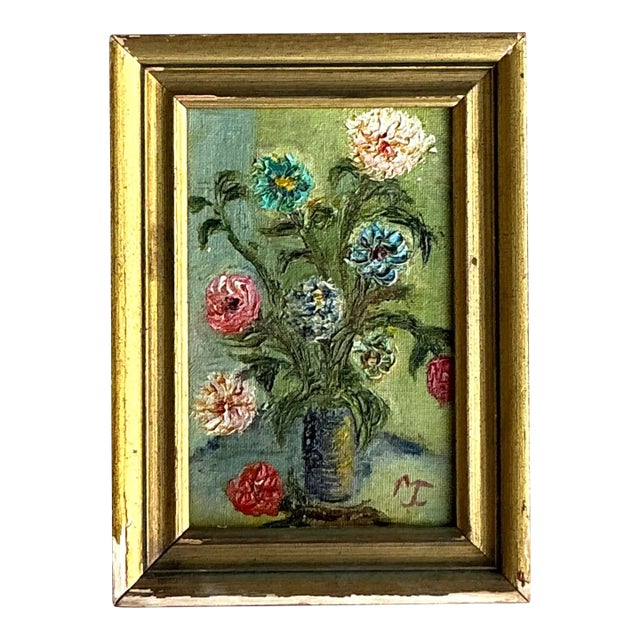 Vintage Boho Original Oil Painting of Flowers For Sale