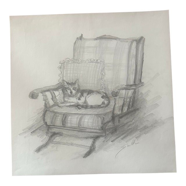 “Patches” Original Pencil Drawing of Cat Lounging in an Armchair For Sale
