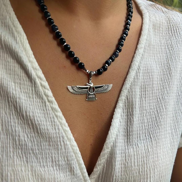 Silver Guardian Angel Faravahar Pendant Black Tourmaline Beaded Necklace For Sale - Image 8 of 12