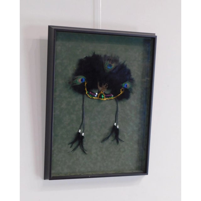 High Quality Custom, Shadowbox Frame Gold, Purple, Green Sequins and Black Feathers on Mask Leather Ties with Beads