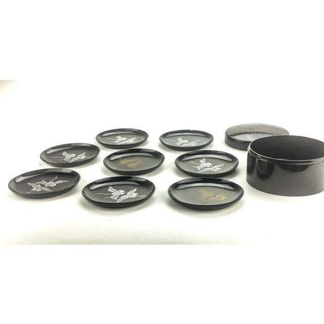 Japonisme Vintage Hand Painted Lacquered Coaster Set With Covered Holder For Sale - Image 3 of 4