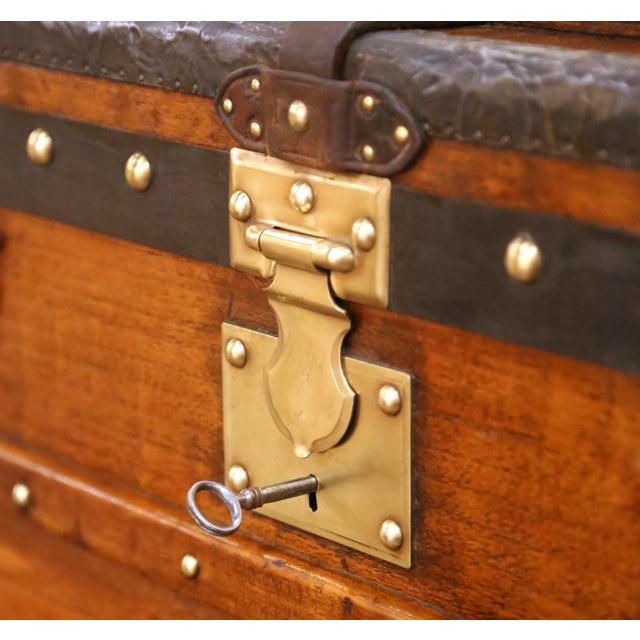 Brass 19th C. French Parisian Travel Trunk Coffee Table With Brass and Iron Hardware For Sale - Image 8 of 16