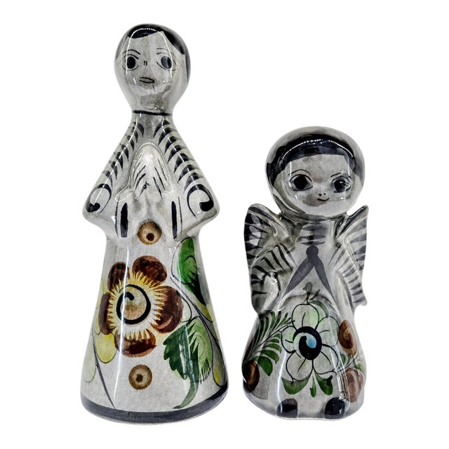 Vintage Tonalá Angel Figurine Pair – Mexican Folk Art Pottery Candlestick & Praying Angel, Hand Painted Floral For Sale